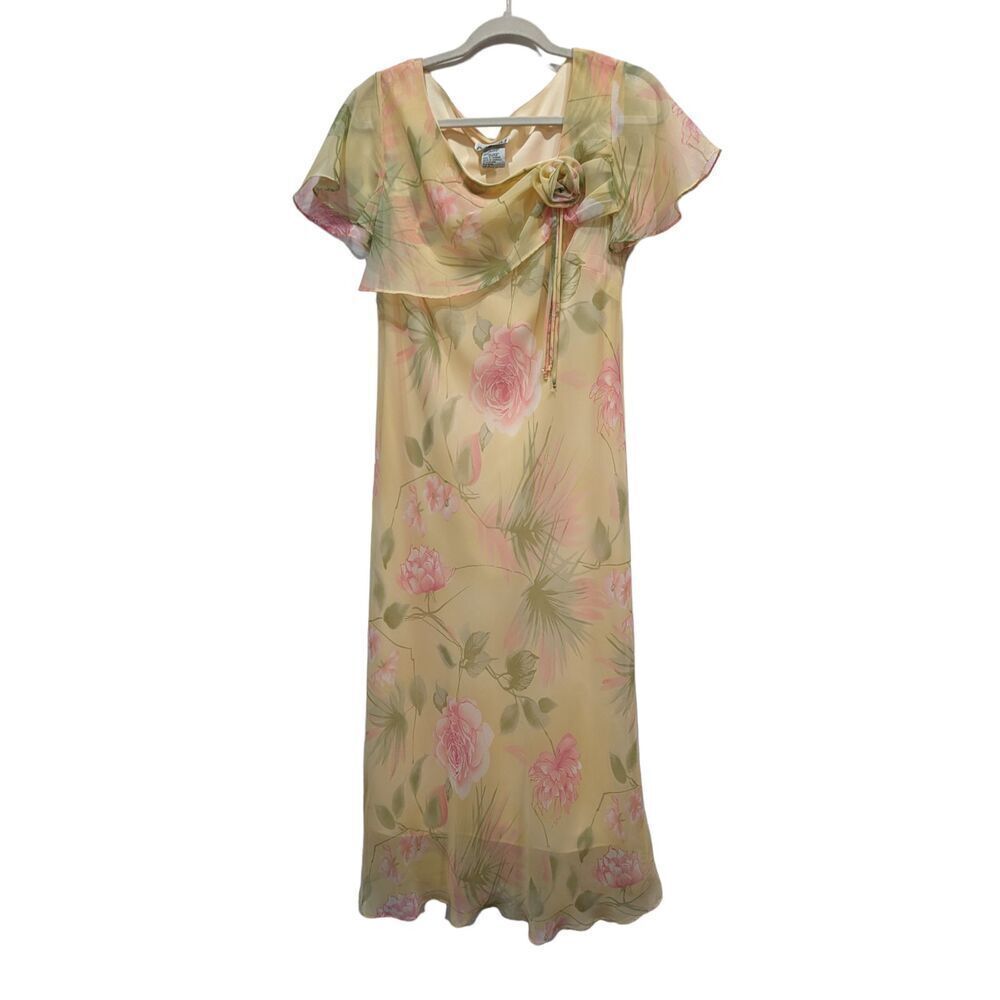 Vintage Menu Yellow Floral Sheer Rosette Flutter Sleeve Maxi Shift Dress, 12